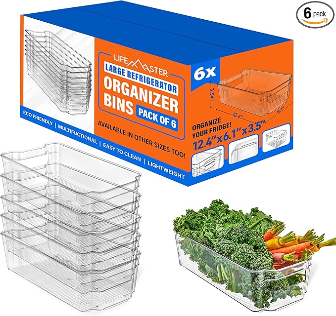 6-Piece Stackable Refrigerator Bin Organizer Set with Easy Grip Handles - Clear Multi-Purpose Storage Bins for Fridge and Pantry Use