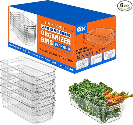6-Piece Stackable Refrigerator Bin Organizer Set with Easy Grip Handles - Clear Multi-Purpose Storage Bins for Fridge and Pantry Use