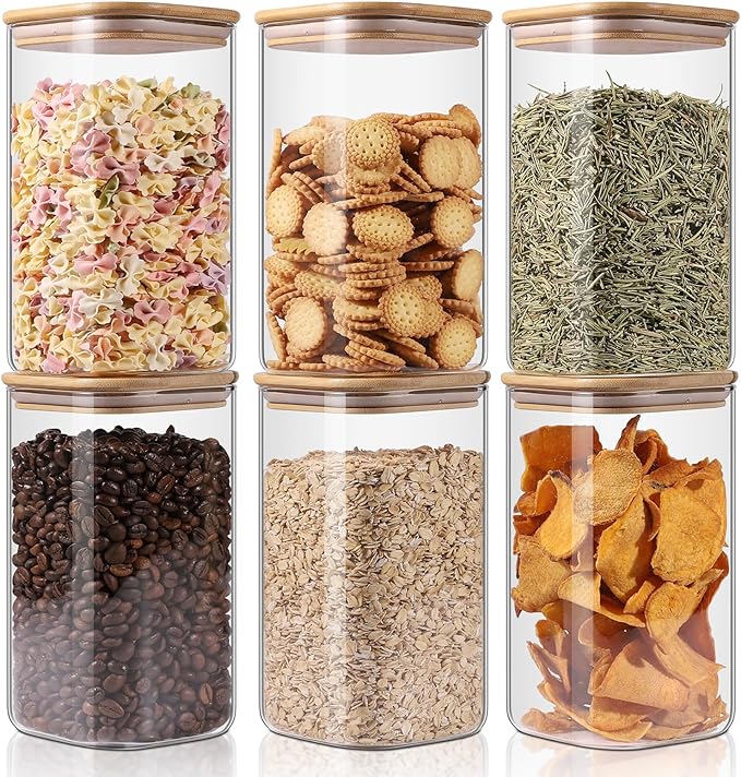 Glass Storage Jars 6 Pack -50oz (10cmx20cm)Clear Glass Food Storage Containers with Airtight Bamboo Lid Stackable Kitchen Canisters for Candy,Cookie,Rice,Sugar,Flour,Pasta,Nuts and Spice Jars(Square)