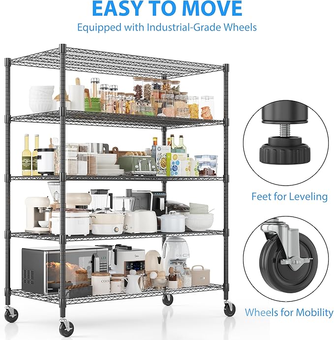 Homdox Heavy Duty Storage Shelves, 5 Tier Wire Shelving Unit with Wheels, Commercial Adjustable Metal Shelves for Storage, Garage Rack Pantry Shelves Kitchen Shelving, 24"x60"x82", Black