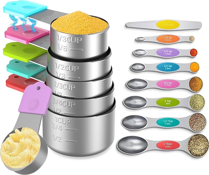 Minteem Magnetic Measuring Cups and Spoons Set, 6 Nesting Stainless Steel Measuring Cup Set with Easy to Read Markings, 7 Magnetic Measuring Spoons & 1 Leveler for Measuring Dry or Liquid Ingredients