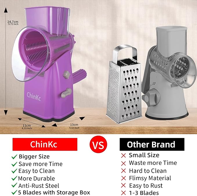 ChinKc Upgrade Rotary Cheese Grater Shredder with Handle, Strong Suction Base, Multi-purpose Rotary Grater Slicer with 5 Interchangeable Blades for Ice, Vegetables, Fruit, Nuts with Blade Storage Box