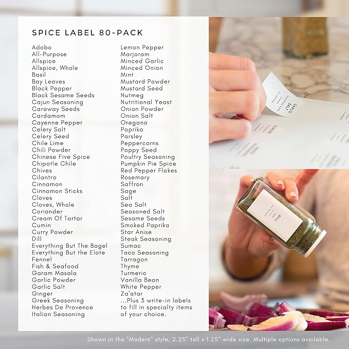 Modern White Spice Labels Stickers Preprinted Waterproof by Paper & Pear - Oil Resistant Kitchen Pantry Labels for Home Improvement - 2.25x1.25 Inches Pantry Stickers - Set of 80 (No Jars)