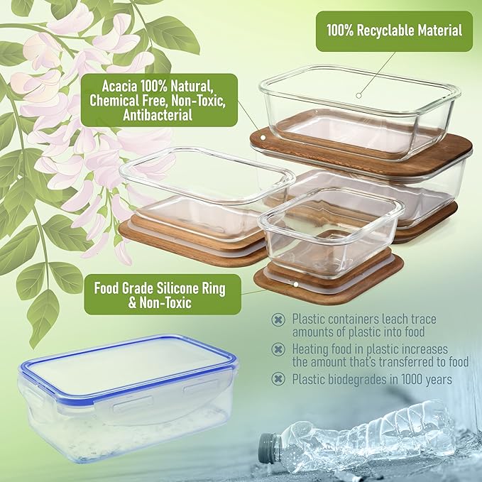 dokaworld Glass Tupperware Set with Acacia Lids - 4 Stackable Meal Prep Containers. Durable heat resistant Inert Borosilicate Glass
