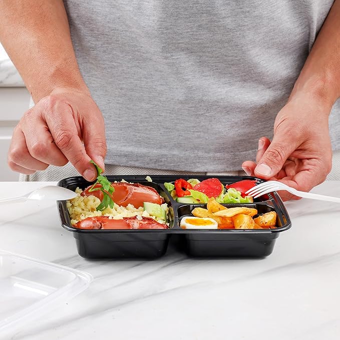 GUSTO [24 oz - Case of 150 3-Compartment Meal Prep Containers with Lids – Reusable, Microwaveable, Dishwasher & Freezer Safe, BPA-Free Food Storage Boxes for Portion Control (Formerly Comfy Package)
