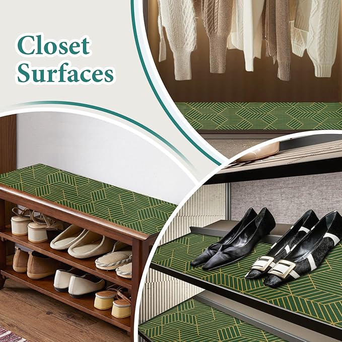 Shelf Liners for Kitchen Cabinets 12in x 20FT, Non Adhesive Cabinet Liner Strong Non-Slip Thickened Gold Green Geometric Drawer Liner, Easy to Clean for Shelf, Cabinet with Knife and Tape Measure
