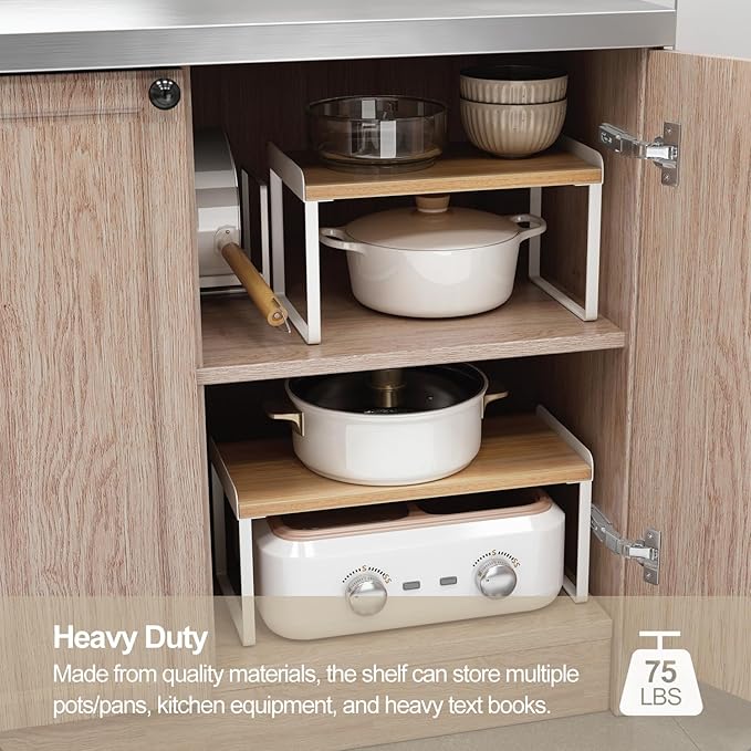 Mitus Shelf Organizer and Storage, Tiered Wood Cabinet Rack for The Kitchen Counter, Bathroom Counter, Pantry Cupboard, Office Desk Bookshelf, 16" Wide Natural and Black (Large)
