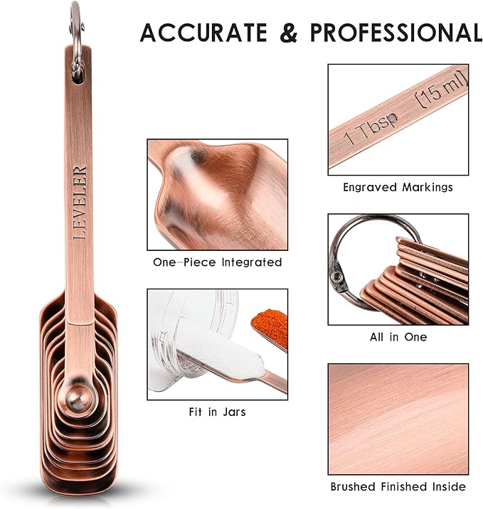 zoyizi Copper Measuring Spoons Set 10, Stainless Steel Measuring Spoons for Kitchen & Baking, Long Handle Metric & US Metal Measure Spoon with 1/16tsp, 3/3tsp, 2/3tbsp for Spice Jar