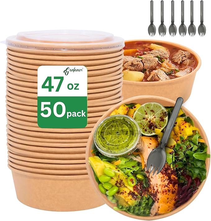 ganfaner 47 OZ Disposable Round Paper Bowls Extra Large 50 Sets, Meal Prep Food Container Box w Lids Sporks, Spill-Proof Salad Bowls To Go Microwave, Perfect for Large Size Food without Bending