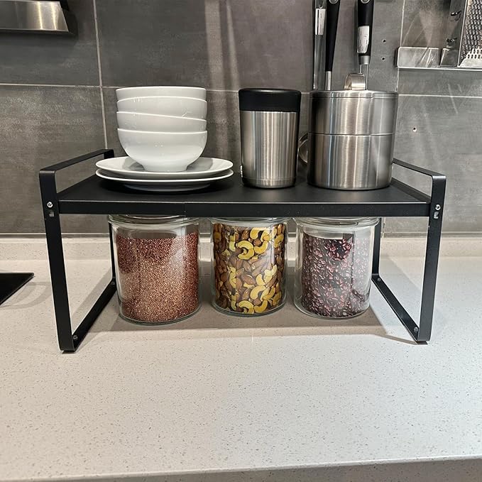 BAUCCA Set of 2 Expandable Cabinet Shelf Organizer, Black Kitchen Countertop Shelves, Stackable Metal Pantry Storage Organizer for Cupboard, Spice Rack