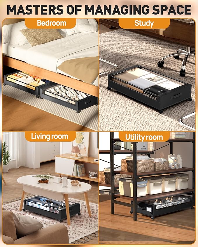 Under Bed Storage with Wheels, Square Under Bed Storage Containers, 4 Pack Under The Bed Storage Bins, 60L Under Organizer with Clear Lids, Rolling Underbed Storage For Clothes, Shoes...