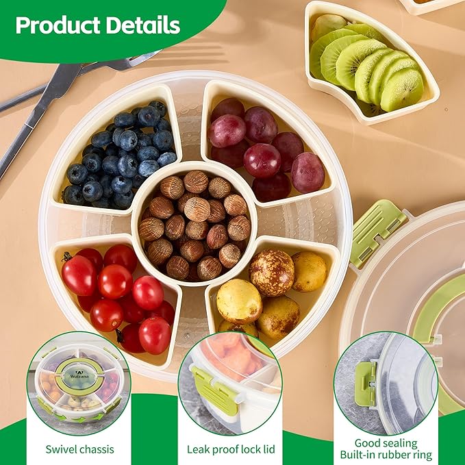 Divided Snack Container with Lid, 6-Compartment Round Snack Box with Handle, Portable Snack Tray for Fruits, Appetizers & Party Snacks, BPA-Free, Microwave & Dishwasher Safe