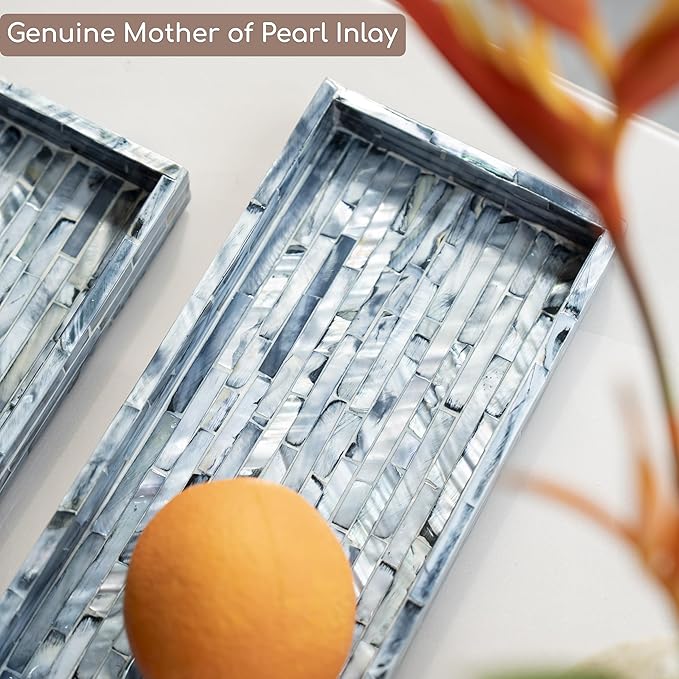 PEMAR Blue Mother of Pearl Tray Set of 2 – Handcrafted Decorative Vanity & Countertop Organizer for Bathroom, Entryway, Coffee Table – Elegant Home Decor Accent, 11.8" Lx5.1 Wx1 H