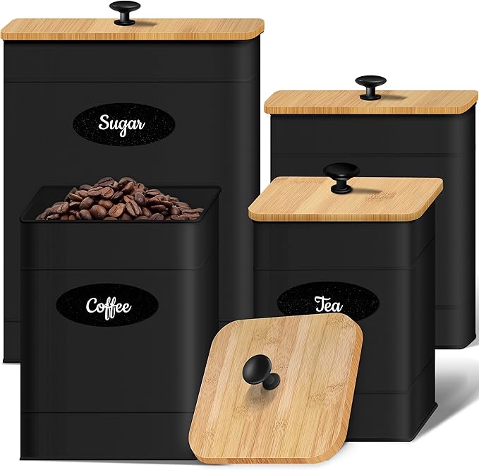 Canisters Sets for the Kitchen Set of 4, Metal Sugar Flour Coffee Storage Containers for Countertop with Airtight Lids, Customizable Chalkboard Labels & Marker Pen, Storage Jars Canisters - Black