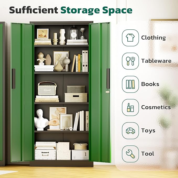 Greenvelly Metal Cabinet, 63”Tall Kitchen Pantry Storage Cabinets with 2 Lock Doors and 4 Adjustable Shelves,Black Green Kitchen Cabinet Storage for Dinning Room,Garage,Office