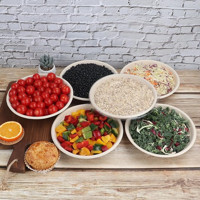 JAYEEY 24 oz Round Disposable salad bowls with lids,Sugarcane Paper Bowls take away food containers Bagasse Plant Fibers 50 Pack