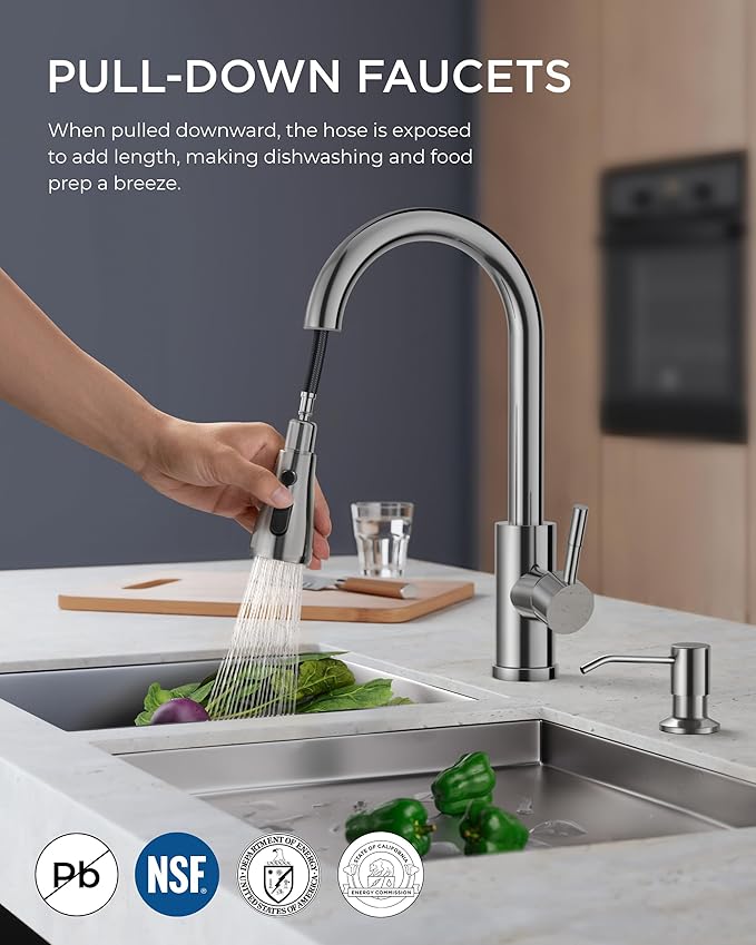FORIOUS Kitchen Faucet with Soap Dispenser Chrome, Single Handle Stainless Steel Transitional Sink Faucet with Pull Down Sprayer 1 or 3 Hole, Suitable for Farmhouse Laundry Camper RV Bar