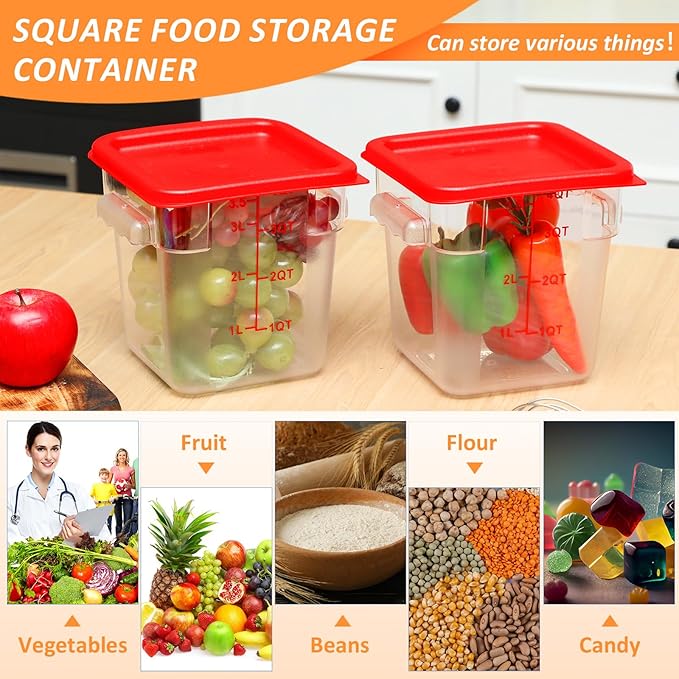 Yungyan 6 Pcs Commercial Clear Food Storage Containers 4 Qt Square Acrylic Airtight Food Storage Containers with Lids for Kitchen Restaurant Pantry Freezer Flour Sugar(Red)