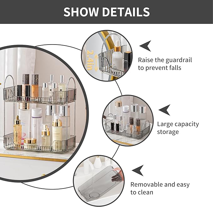 Grey 2-Tier Vanity Tray Organizer for Bathroom Counter, Skincare & Makeup