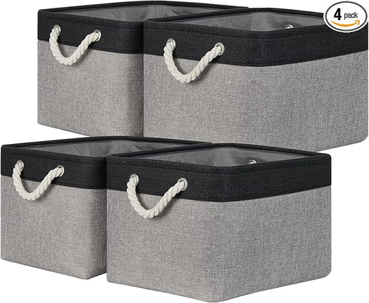 Temary Fabric Storage Baskets 4Pack Storage Bins Decorative Basket for Gift, Clothes Bin with Rope Handle, Rectangle Baskets for Storage, Blankets(Black&Gray,15x11x9.5 inch)