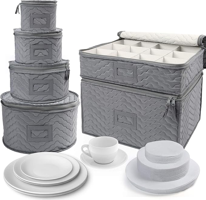 LotFancy China Storage Containers - Quilted 6-Piece Set Storage Box- Stores Chinaware, Stemware, Dinnerware, Dish Storage Service for 12, 48 Pcs Felt Protectors, Cardboard Dividers Included