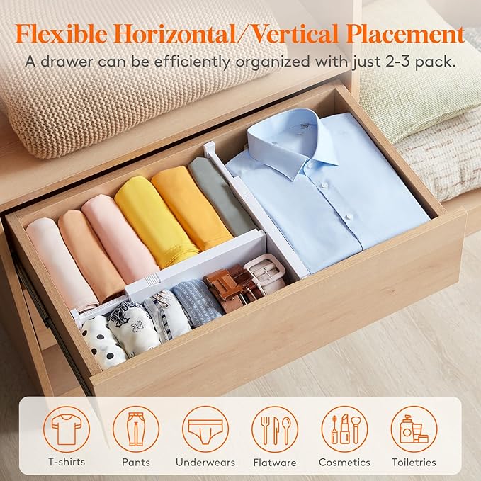 Lifewit 8 Pack Drawer Dividers 4" High, 11-17" Adjustable Dresser Drawer Organizers for Clothes, Expandable Drawer Separators in Kitchen/Bedroom/Bathroom/Vanity/Office Organization and Storage, White