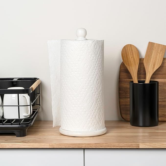 happimess PRH2001A Margot Vintage Classic Marble with Non Slip Weighted Base Paper Towel Holder, for Bathroom Kitchen Countertop, Standard or Jumbo-Sized Roll Paper, White