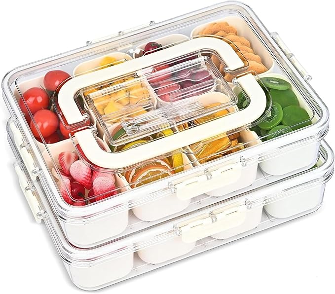 Snackle Box Container, Premium 2-Pack Divided Serving Tray & Lid with 8 Compartments, Large Durable Snackle Boxes for Parties – Snack box container, Perfect for Treats & Gifts (PET)