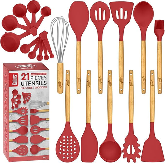 Kitchen Utensils Set, 21 Wood and Silicone Cooking Utensil Set, Non-Stick and Heat Resistant Kitchen Utensil Set, Kitchen Tools