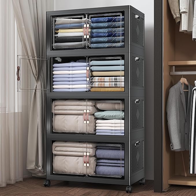 Extra Large Stackable Storage Bins with Lids & Wheels, 220QT-55QT/14GAL*4Pack Foldable Collapsible Closet Organizers Dark Storage Cabinet with Doors for Bedroom Dorm