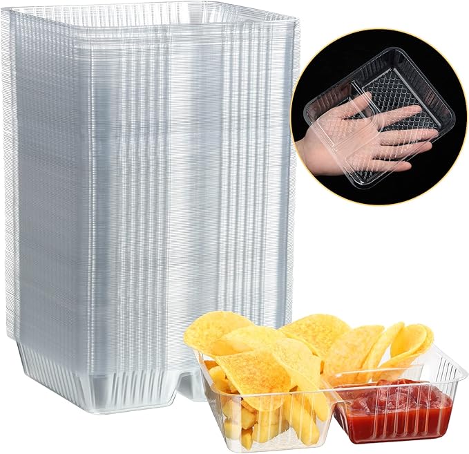 Vesici 300 Pcs 12oz Nacho Trays Disposable 2 Compartment Food Snack Tray Concession Stand Supplies Movie Night Clear Plastic Cheese Dip and Chip Holder for Candy School