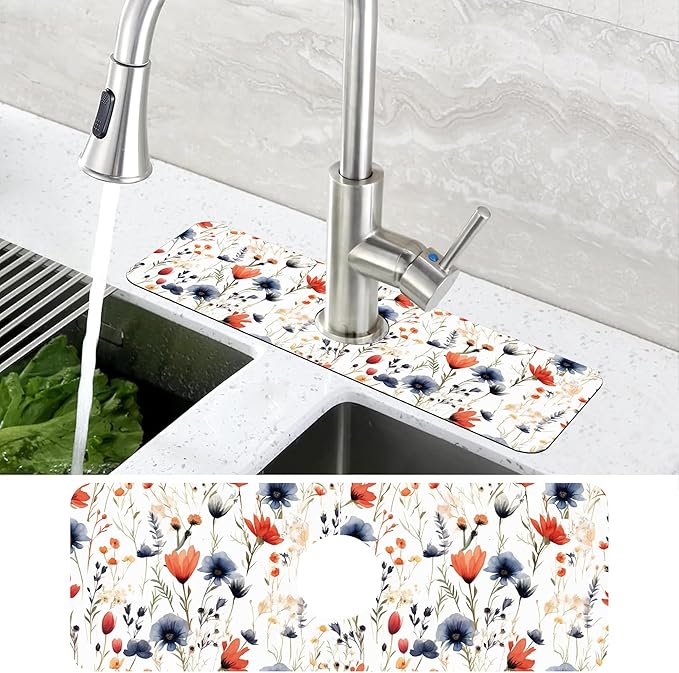 Watercolor Red and Blue Flowers Sink Faucet Absorbing Mat Sink Splash Guard Faucet Mat Draining Mat Fast Drying Sink Protectors for Kitchen and Bathroom 5.5"×15"