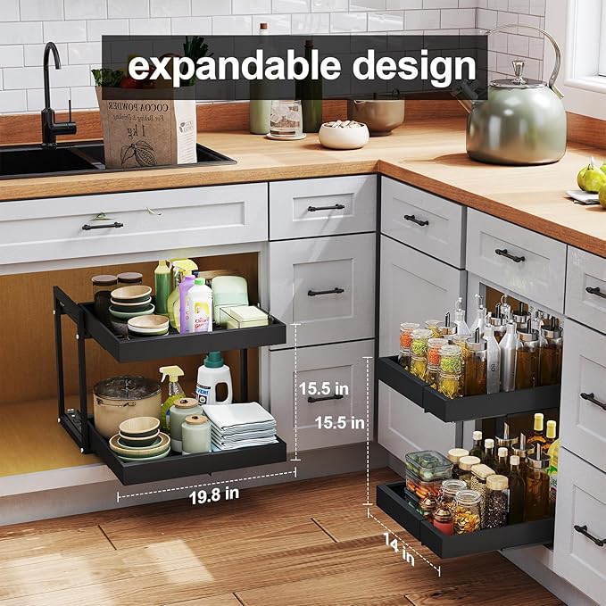 2 Tier Pull Out Cabinet Organizer ,Adjustable Width & Height,Expandable Pull-Out Drawers For Cabinets, Slide Out Shelves for Kitchen Cabinets / Countertop / Pantry,Heavy-Duty & Easy to Install(Black)