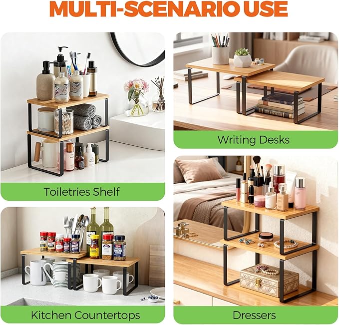 HYASTO Cabinet Organizer Shelf - 4 Pack Wood Kitchen Organizer, Upgraded Cabinet Organizer Shelf for Kitchen Storage, Countertop, Spice Rack, Stackable, Expandable, Ink Black and Natural Beig