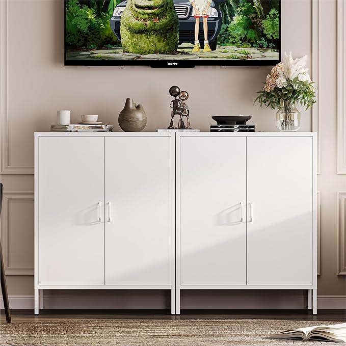 YAUWOH Metal Cabinet with 2 Doors and 4 Shelves，39.96" Tall Steel Office Cabinet,Bathroom Floor Locker，for Office,Home,Garage,Gym,School (White)