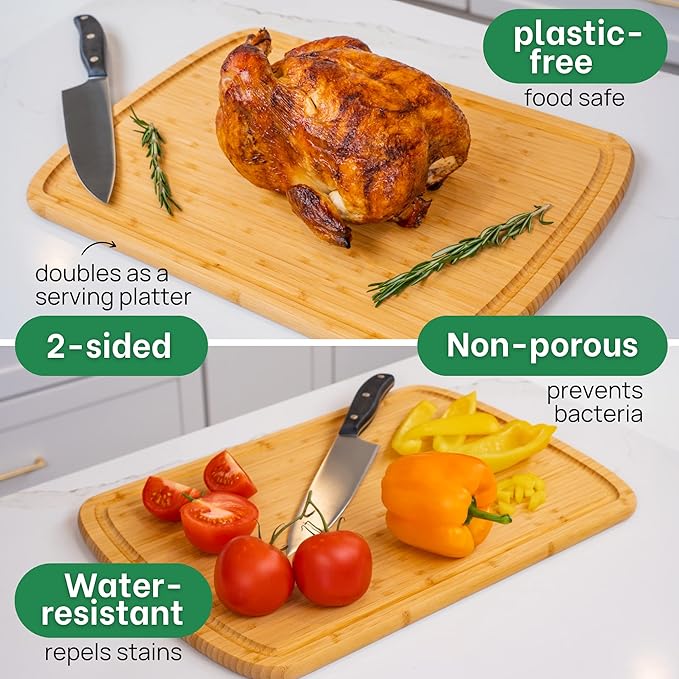 GREENER CHEF 18 Inch Extra Large Bamboo Cutting Board with Lifetime Replacements - Organic Wooden Butcher Block, XL Chopping Board for Kitchen, Meat, Vegetables, and Food Prep