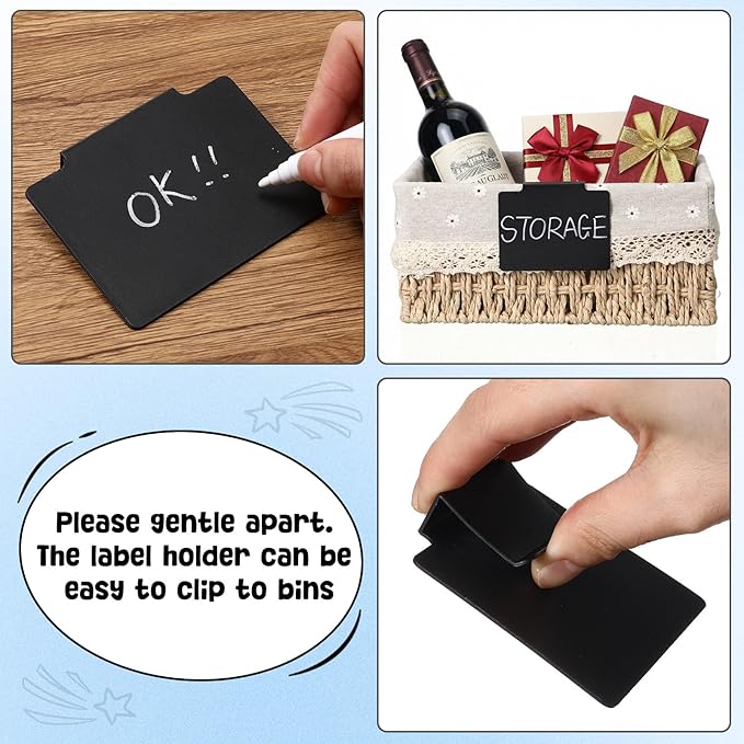Chinco 24 Pcs Basket Label Clips Set Include 30 Removable Kitchen Clip Label Holder PVC Storage Bin with 2 Chalk Markers for Basket Kitchen Pantry Organization (Black Clip,White Pen)