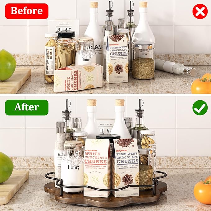 LIAISIMI 12" Lazy Susan Turntable Organizer,Round Wooden Lazy Susan Organization and Rotating Spice Rack for Dining Table,Pantry,Kitchen Countertop,Vanity,Cupboard and More.Vintage Wood(Petal Shape)