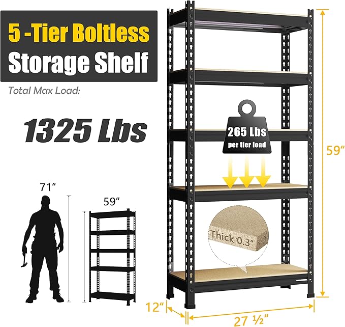 PrimeZone Storage Shelves 5 Pack 5 Tier Adjustable Garage Storage Shelving, Heavy Duty Metal Storage Utility Rack Organizer Shelf Unit for Warehouse Pantry Closet Kitchen Basement, Black