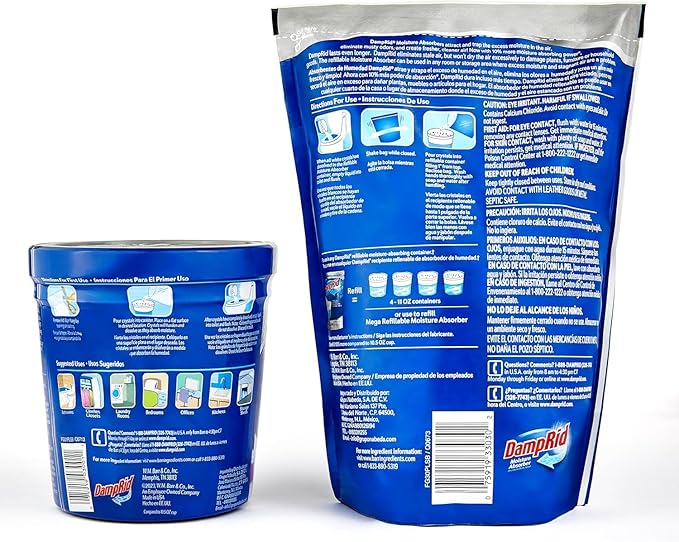 DampRid Refillable Moisture Absorber, Includes Single Damp Rid Pure Linen 11oz. Cup & 44oz. Refill Bag - Moisture Absorbers for Closet, 10% More Absorbing Power*, Cleaner Air - ILIOS Packaging.
