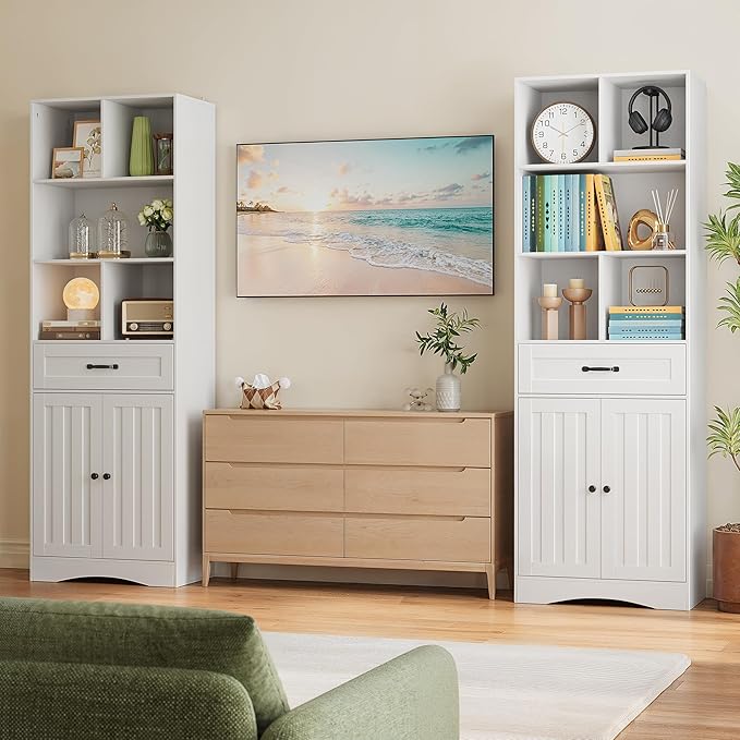 Gizoon Storage Cabinet, 71'' H Bathroom Storage Cabinet with Doors & Drawers, Kitchen Pantry with Adjustable Shelves, Anti-tip, Metal Handle, for Living Room, Office, Bathroom, White