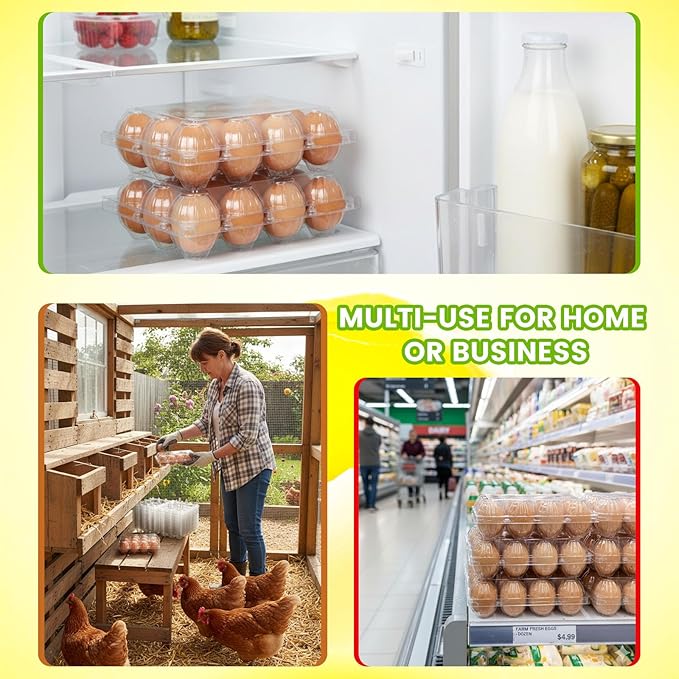 LOVEINUSA 100 Pack Clear Plastic Egg Cartons Bulk with Date Labels- Reusable 12-Count Dozen Holders for Small to Medium Eggs, Perfect for Farmers Market Display, Refrigerator Storage & Farm Transport