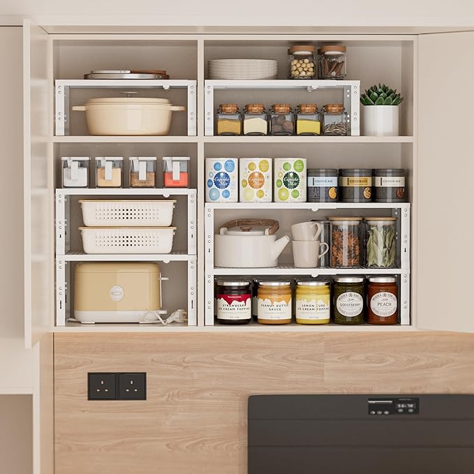 Zilvando Heavy-Duty Adjustable Metal Shelf Organizer - Expandable & Stackable Pantry Storage Rack for Kitchen, Bathroom, RV, Cabinets(2 Packs/White, Medium)