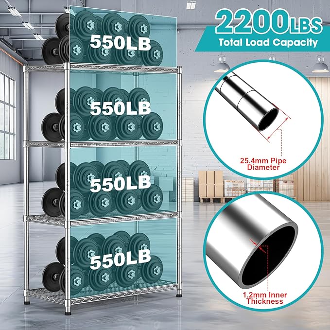 4-Shelf Heavy-Duty Industrial Wire Shelving Rack 2200 LBS Metal Storage Shelves Adjustable Standing Storage Shelf Unit Sturdy Steel Organizer for Pantry Laundry Kitchen Closet Garage 14"Dx35.7"Wx59"H