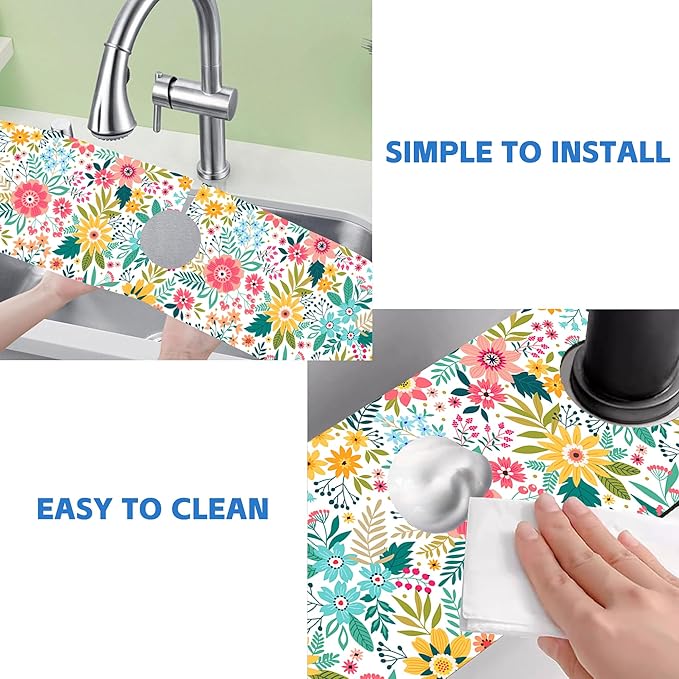 Colorful Floral Leaves Berries Kitchen Sink Splash Guard Mat Absorbent Fast Drying Faucet Draining Mat Behind Faucet Drip Catcher for Kitchen Bathroom 5.5"24