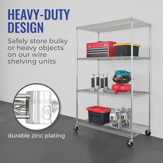 SafeRacks - NSF Certified Storage Shelves, Zinc, Heavy Duty Steel Wire Unit with Wheels and Adjustable Feet, Garage or Bakers Rack, Kitchen, Pantry Shelf - (24"x48"x72" 4-Tier) (Silver)
