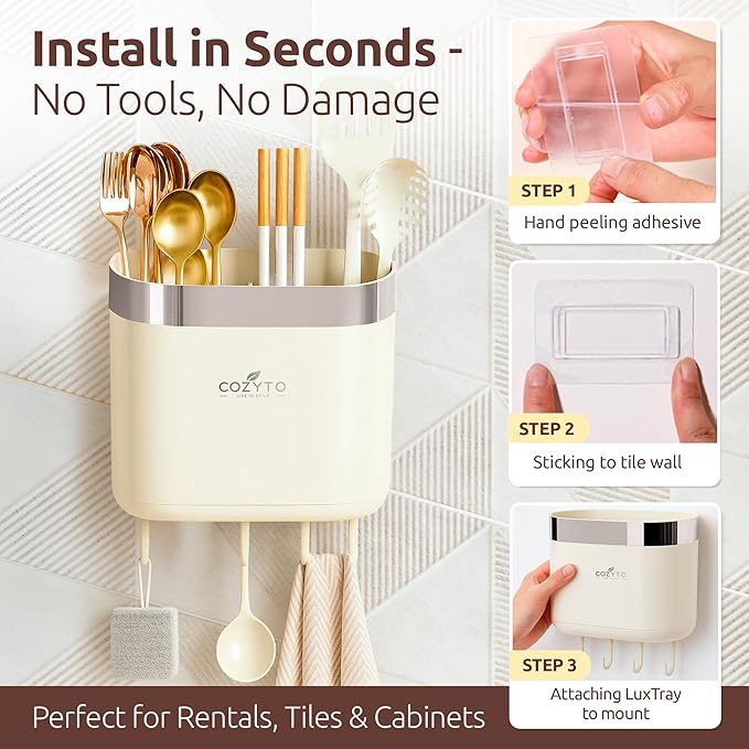 COZYTO LuxTray U1-Pro – Wall Mounted Kitchen Organizer with Hooks, Dividers & Drain Tray, No-Drill Adhesive, BPA-Free – Cream White with Rose Gold or Silver Accent (Cream White & Shiny Silver)