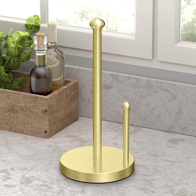 Gatco 1447B Kitchen Paper Towel Stand, Brushed Brass | Countertop Solid Brass Weighted Base Paper Towel Holder Stand