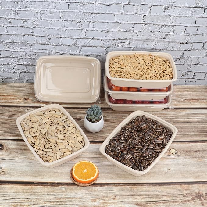 JAYEEY 32 oz Rectangle Disposable bowls with lids,Sugarcane Fibers Bowls take away food containers Plant Fibers Freezer Safe 50 Pack
