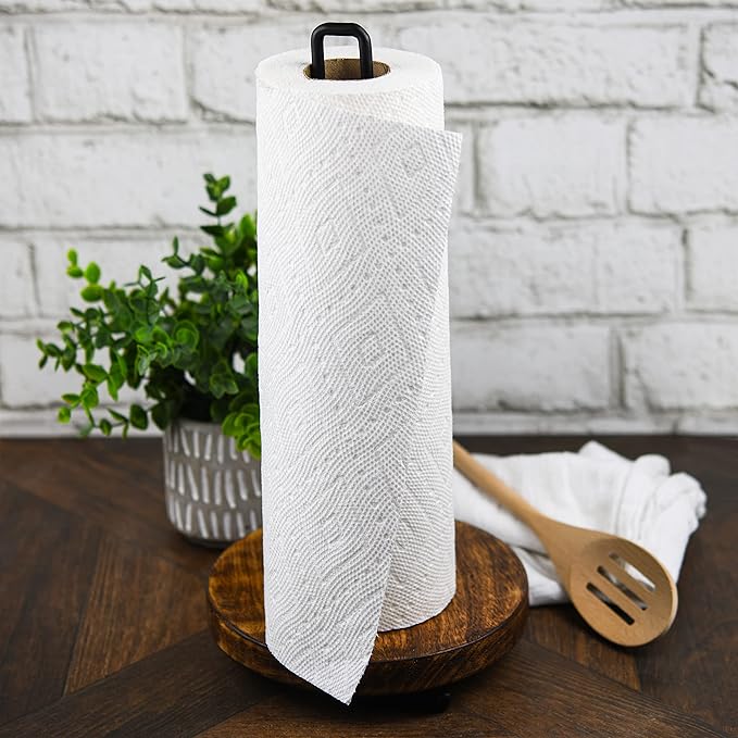 Tribello Modern Farmhouse Paper Towel Holders for Kitchen, Vintage Wire and Wood Countertop Paper Towel Holder - Black Edition